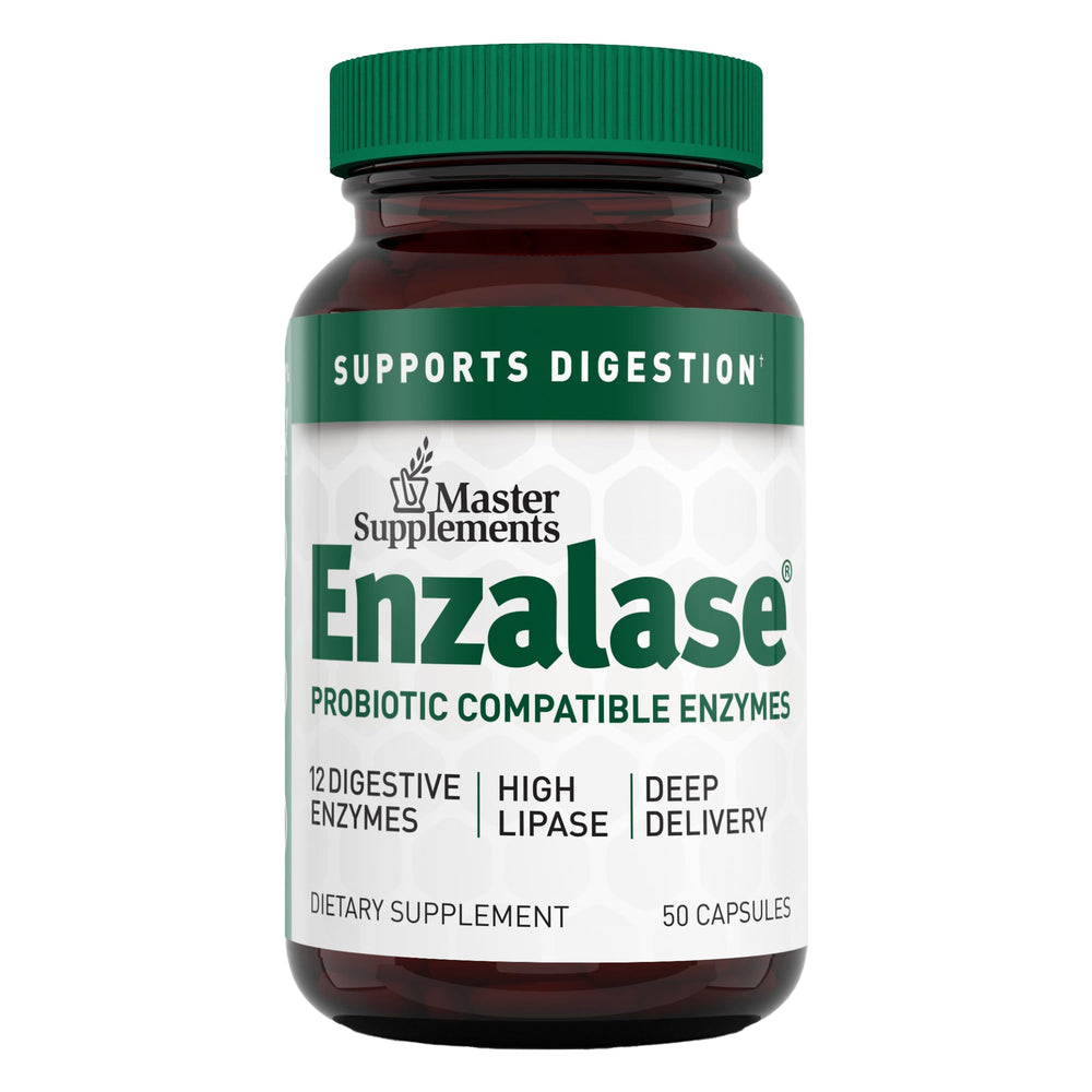 Enzalase bottle front showing probiotic-compatible enzyme blend for daily digestion