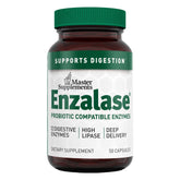 Enzalase bottle front showing probiotic-compatible enzyme blend for daily digestion