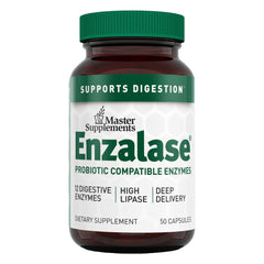 Enzalase bottle front showing probiotic-compatible enzyme blend for daily digestion