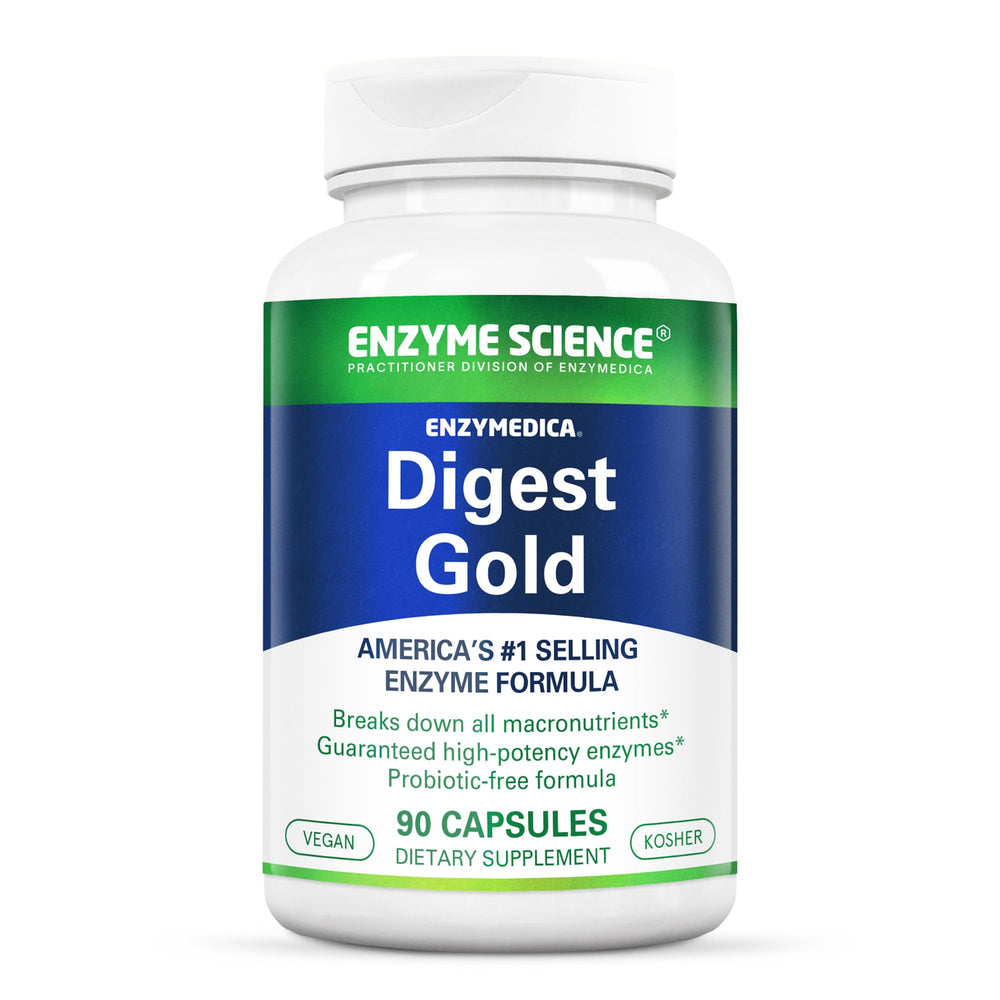 Enzyme Science Digest Gold bottle – post-meal digestive support in a vegan formula.