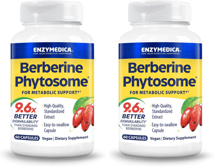 Enzymedica Berberine Phytosome bottle with capsules, suggesting high bioavailability for metabolic support.
