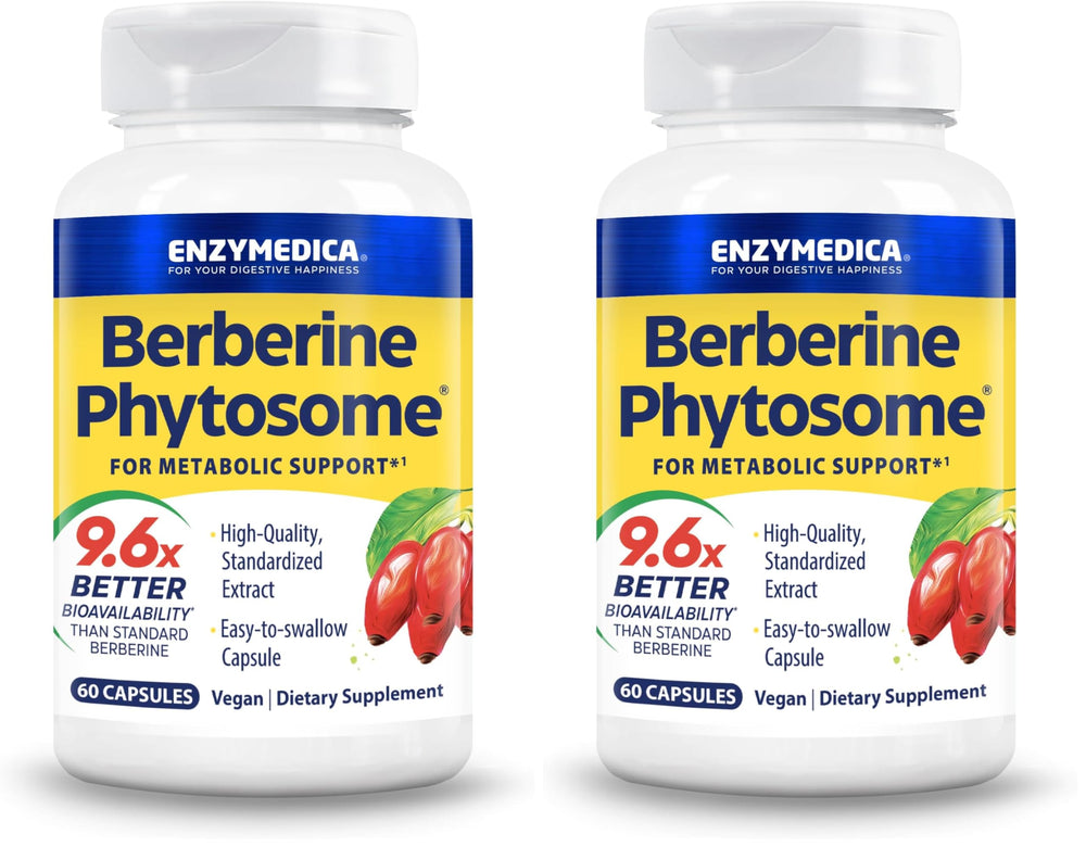 Enzymedica Berberine Phytosome bottle with capsules, suggesting high bioavailability for metabolic support.