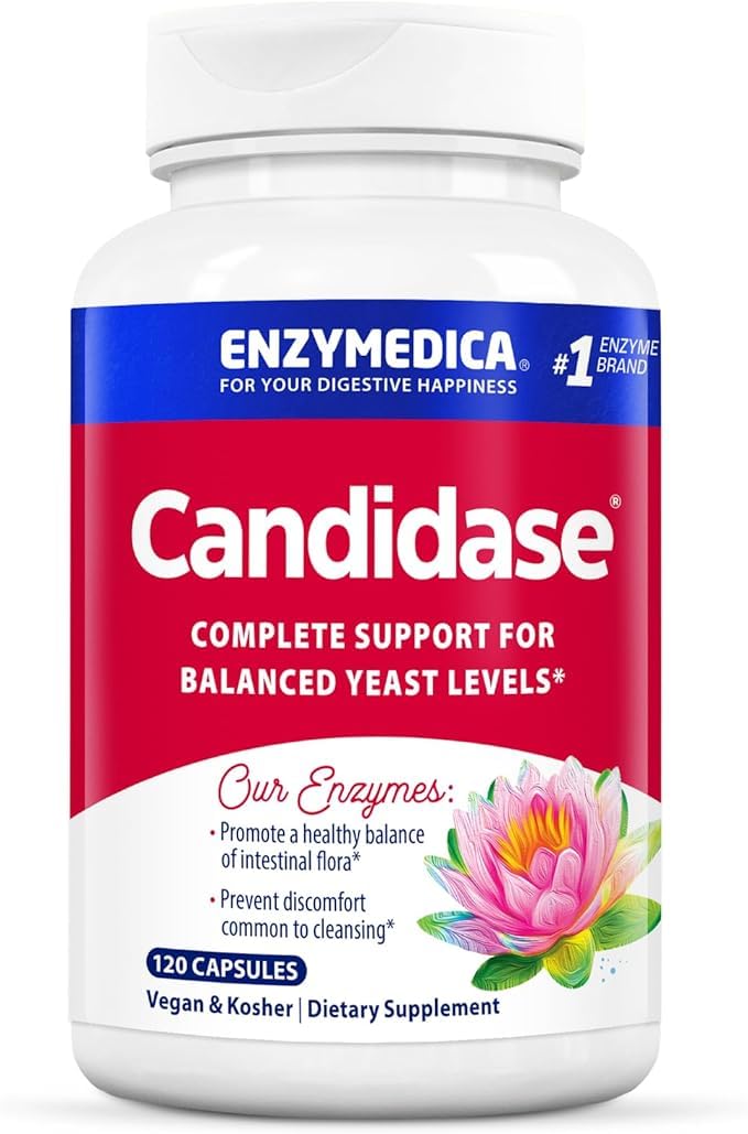 Enzymedica Candidase bottle label closeup highlighting gentle cleansing support for gut health.