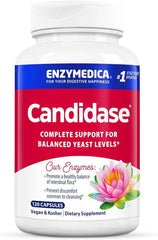 Enzymedica Candidase bottle label closeup highlighting gentle cleansing support for gut health.