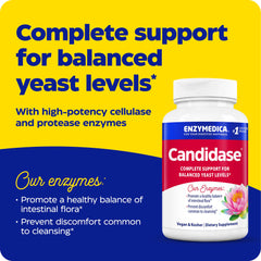 Enzymedica Candidase bottle label highlights vegan, gluten-free ingredients for clean gut health.