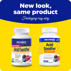 Enzymedica Acid Soothe bottle close-up highlights vegan, non-GMO chews for versatile daily use.
