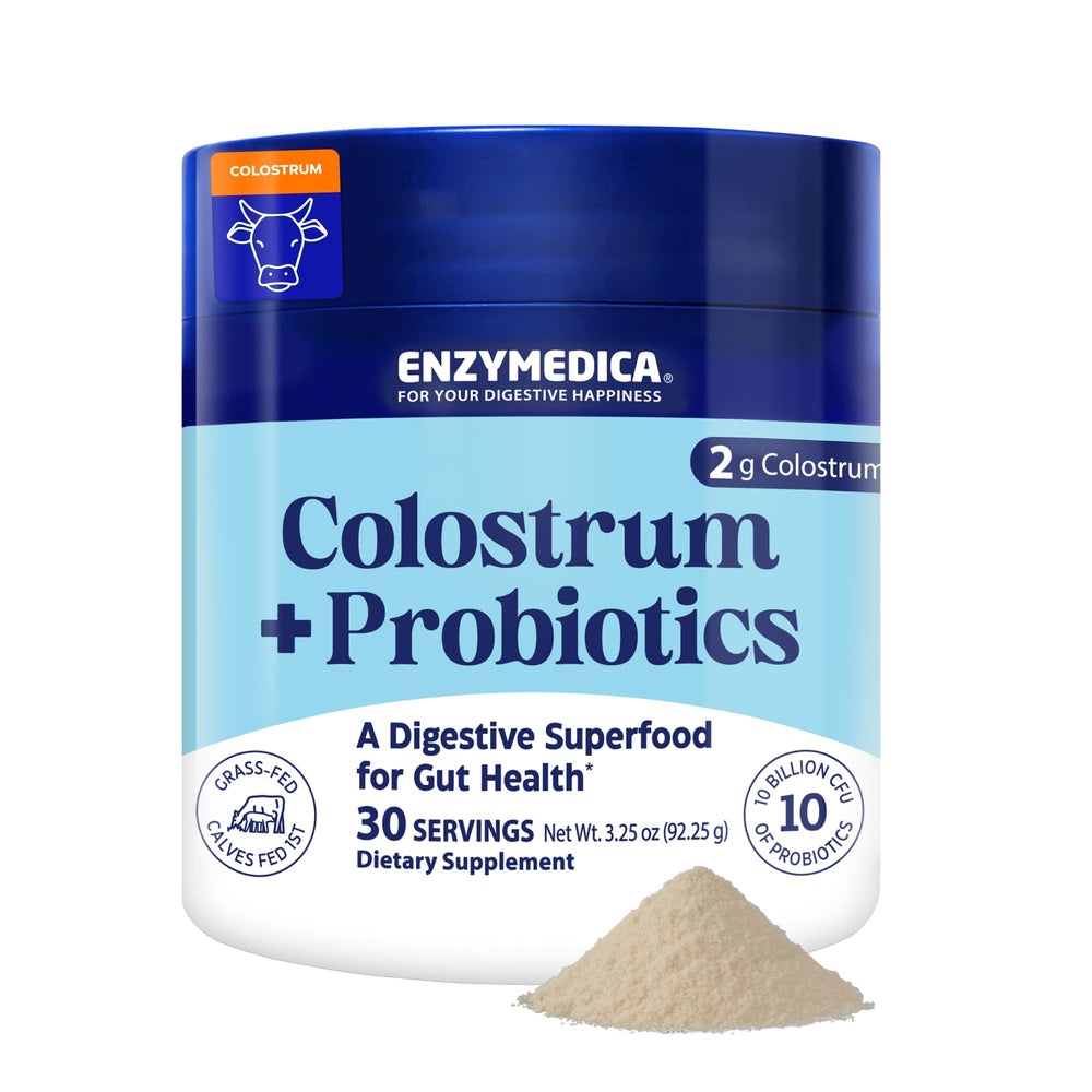 Enzymedica Colostrum Probiotics bottle and scoop support gut balance