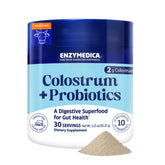 Enzymedica Colostrum Probiotics bottle and scoop support gut balance