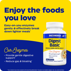 Enzymedica Digest Basic capsules closeup emphasizing Thera-blend enzymes.