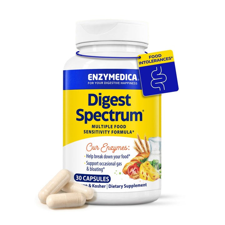 Enzymedica Digest Spectrum bottle on kitchen counter for all-in-one digestion support after meals