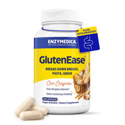 Enzymedica GlutenEase bottle closeup showing the fast-acting gluten digesting formula