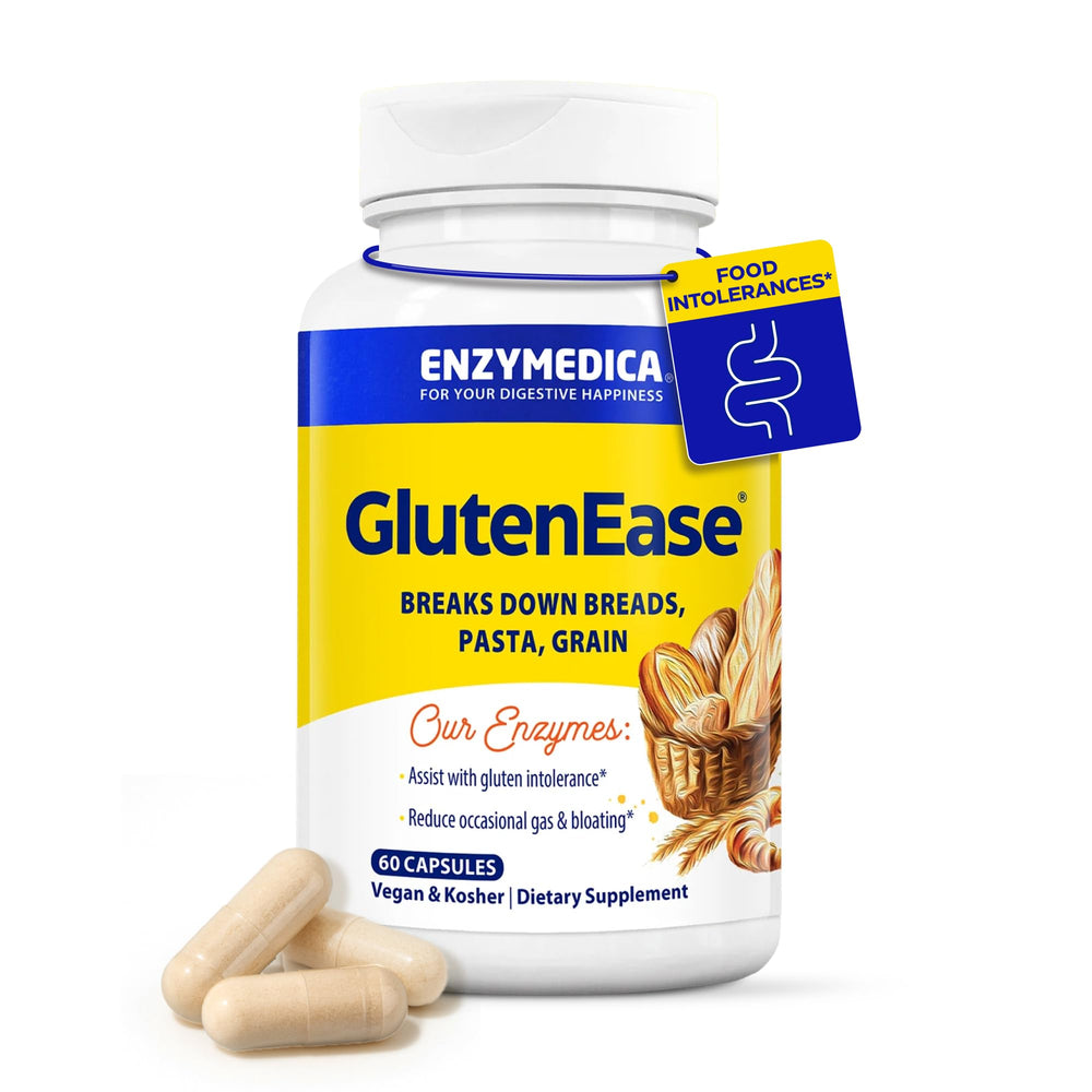 Enzymedica GlutenEase bottle front for convenient gluten and casein digestion support.