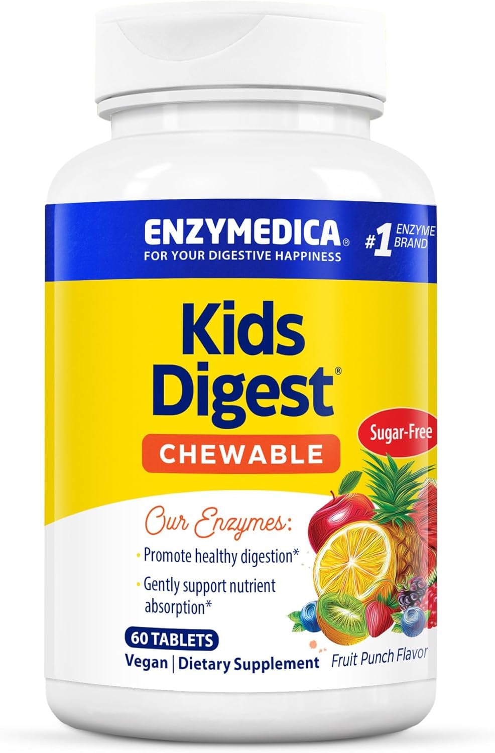 Enzymedica Kids Digest chewables bottle front, kid-friendly digestion support in familiar packaging.