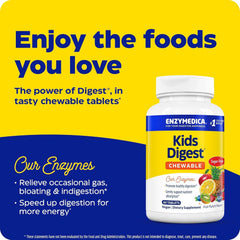 Enzymedica Kids Digest serving sizes graphic shows dosing for daily support.