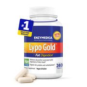 Enzymedica Lypo Gold bottle close-up showing high-potency lipase for fat digestion.