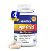 Enzymedica Lypo Gold bottle front with capsules, highlighting fat digestion support.