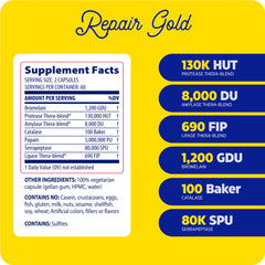 Enzymedica Repair Gold bottle back label with dosage and usage for recovery.