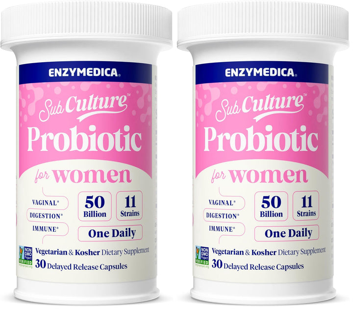 Enzymedica SubCulture Women bottle showing 50B CFU probiotic formula for vaginal support.