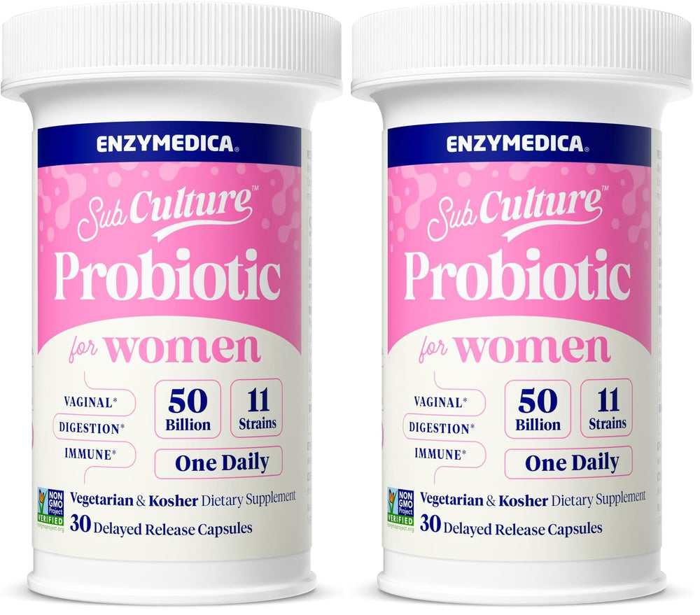 Enzymedica SubCulture Women bottle showing 50B CFU probiotic formula for vaginal support.