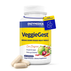 Enzymedica VeggieGest bottle label showing plant-based digestive enzymes for gentle support.