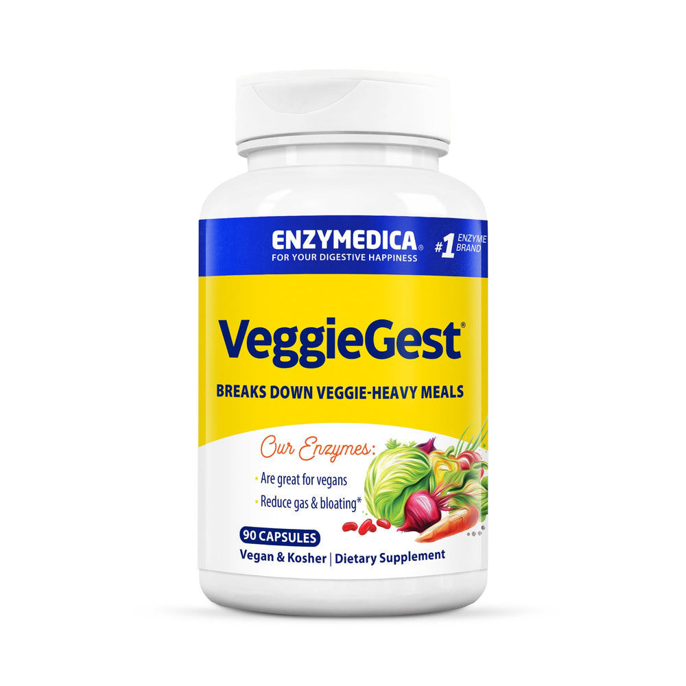 Enzymedica VeggieGest bottle-front highlights vegan digestion support for plant-based meals.