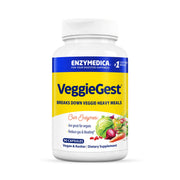 Enzymedica VeggieGest bottle-front highlights vegan digestion support for plant-based meals.