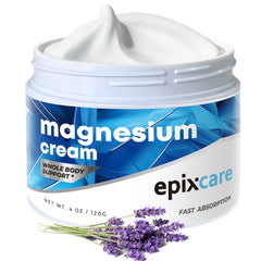 EpixCare Magnesium Cream bottle pour demonstrates fast absorption for muscle relief.
