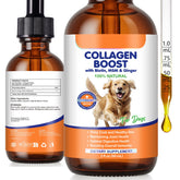 EQEIYICS dog collagen bottle pour shows easy administration and bacon flavor.