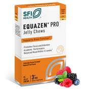 Equazen Pro SFI Health Fish Oil Jelly Chews bottle close-up showing kid-friendly omega-3 benefits.