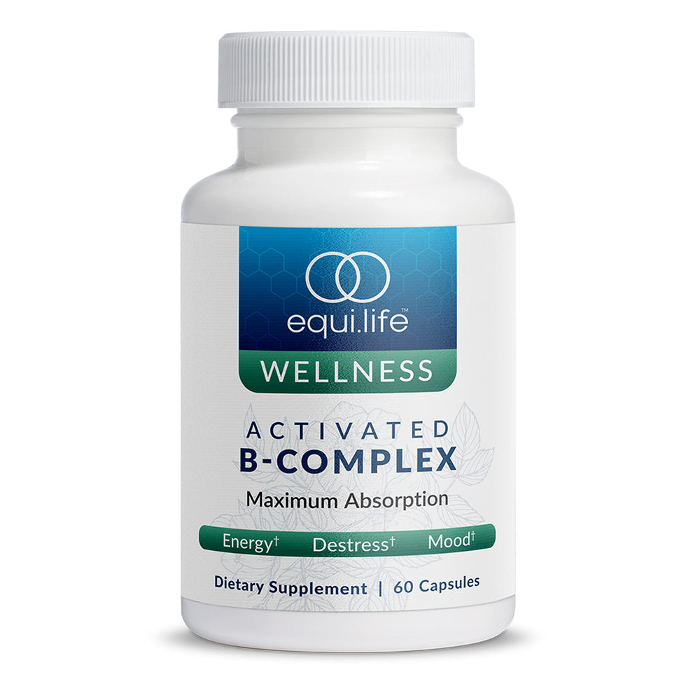 Equilife Activated B Complex bottle front, vegan and gluten-free energy support.