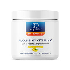 Equilife alkalizing vitamin C powder being poured for daily immune support.