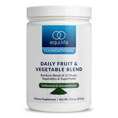 EquiLife Daily Fruit & Vegetable Blend tub with vibrant powder for a nutrient-dense morning boost.