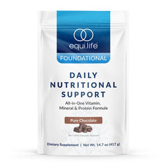 Equilife Daily Nutritional Support chocolate tub label on a clean background
