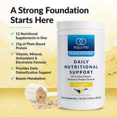 Equilife Daily Nutritional Support smoothie glass with vanilla-flavored meal replacement.