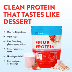 Equip Prime Protein Powder nutrition label emphasizes 21g+ protein per serving and clean ingredients.