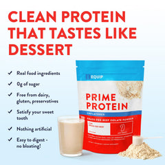 Pouring Equip Prime Protein Powder into a glass for a sugar-free shake