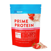 Equip Prime Protein Powder strawberry bag highlights clean beef protein for keto-friendly meals.
