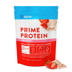 Equip Prime Protein Powder strawberry bag highlights clean beef protein for keto-friendly meals.