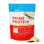 Equip Prime Protein Vanilla tub showcases clean, grass-fed beef protein for keto-friendly fueling.