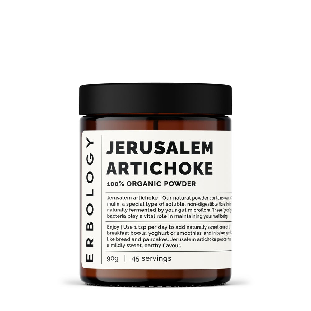 Erbology Jerusalem Artichoke Powder jar close-up showing rich fiber for gut-friendly nutrition.