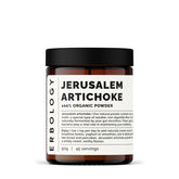 Erbology Jerusalem Artichoke Powder jar close-up showing rich fiber for gut-friendly nutrition.