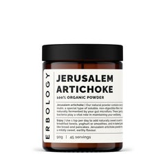 Erbology Jerusalem Artichoke Powder jar close-up showing rich fiber for gut-friendly nutrition.