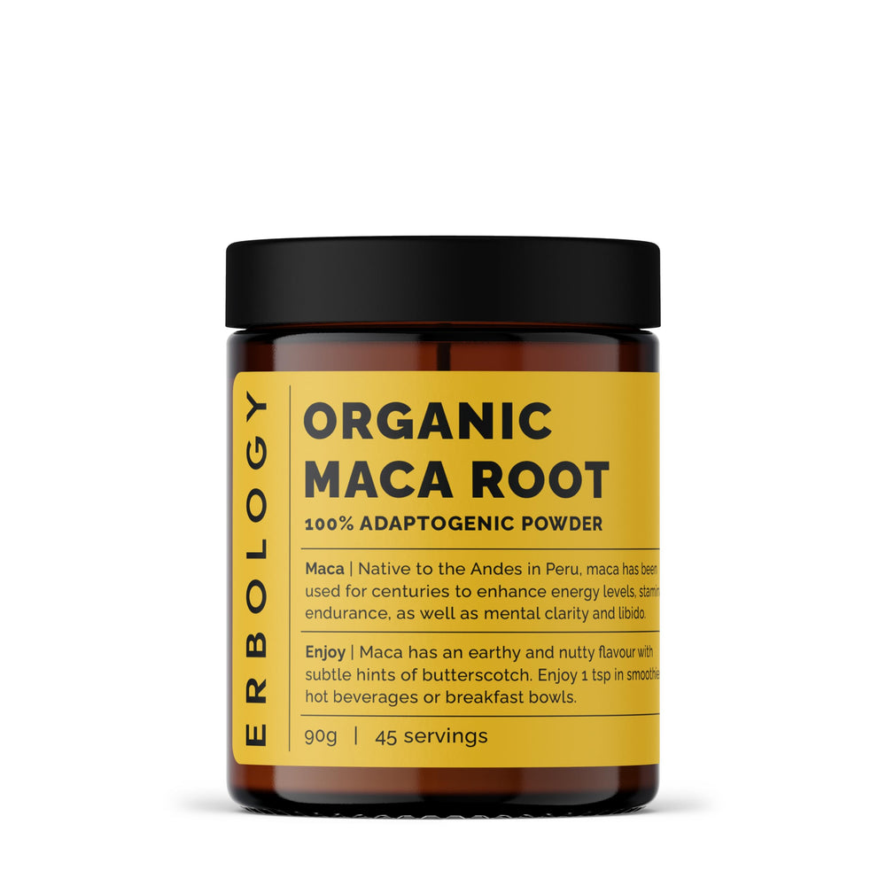 Erbology maca root powder packaging, Peru-sourced, signaling natural energy for daily routines.