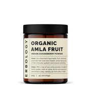 Erbology Organic Amla Powder bottle close-up showing whole fruit powder