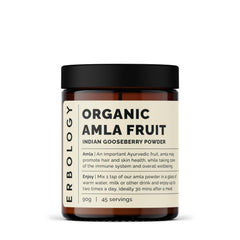 Erbology Organic Amla Powder bottle close-up showing whole fruit powder