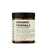 Erbology Triphala powder bottle front, organic packaging for daily wellness.