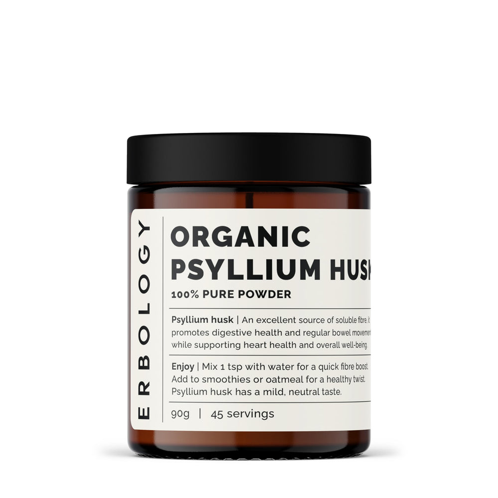 Erbology psyllium husk powder bottle ready for a daily fiber routine