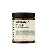 Erbology Tulsi powder jar front showing organic purity and aroma