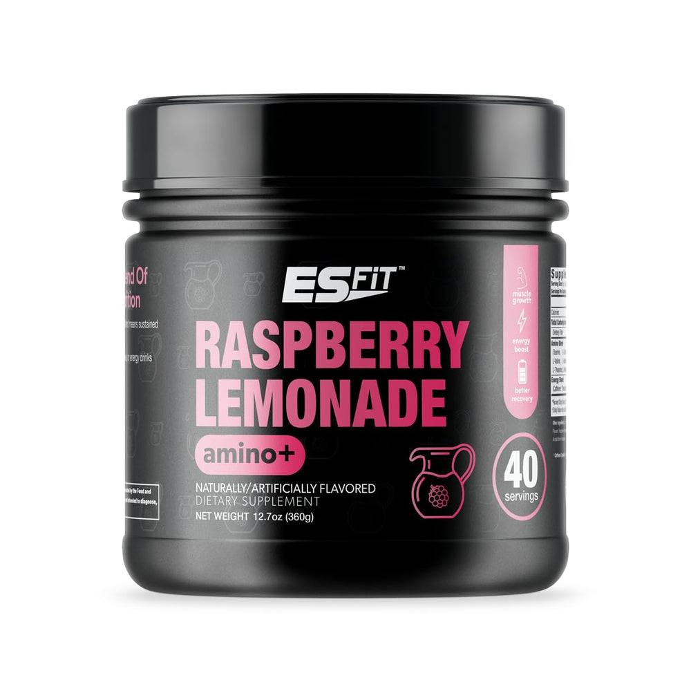 ES FIT Amino+ powder poured into a glass for clean energy and focus.