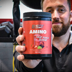 ES FIT Amino Powder fruit punch slushie nutrition label highlights ingredients and electrolytes